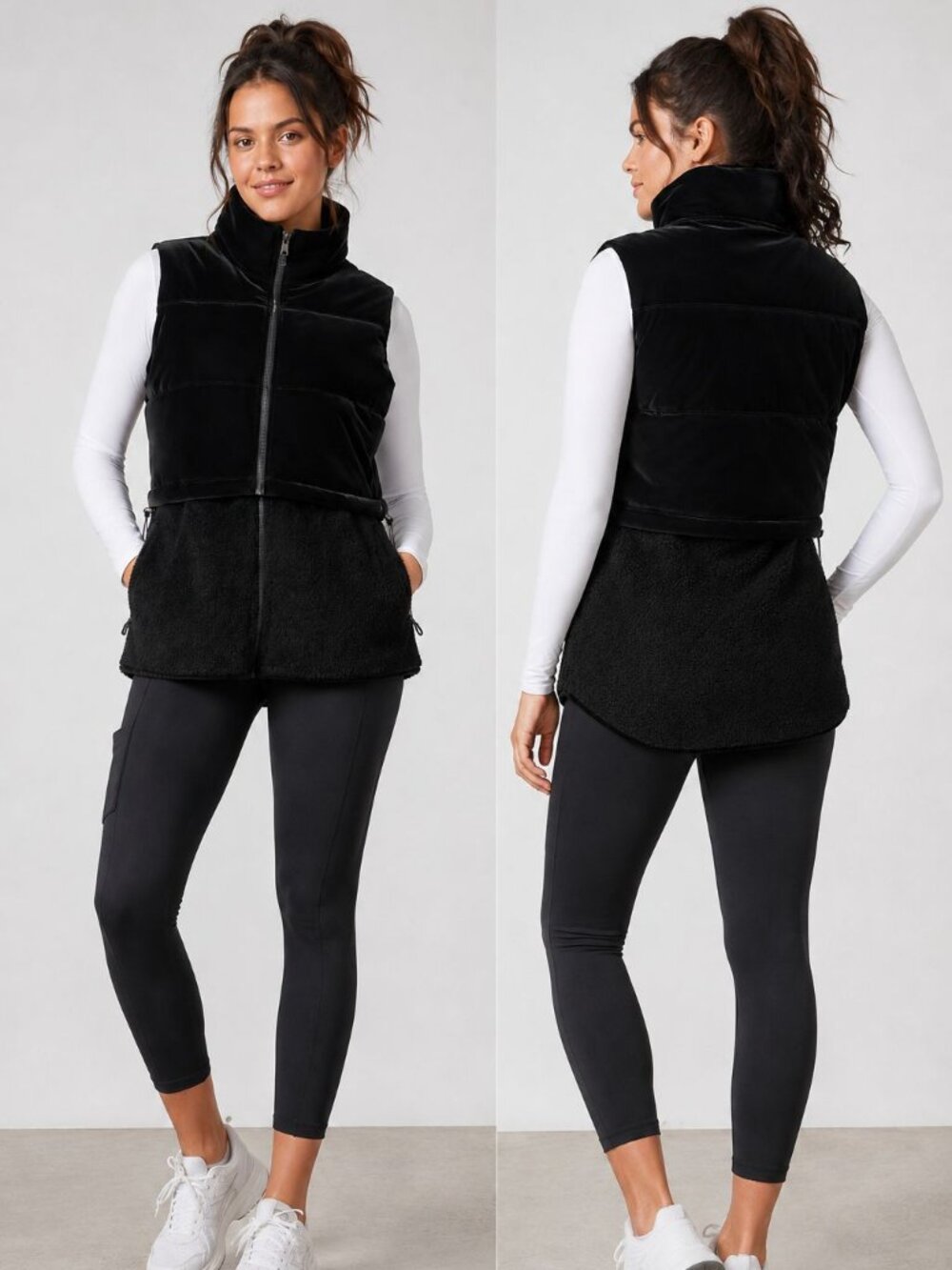 SPANX Vest Size S Two-In-One Velour Luxe Fleece Puffer Black High Collar NEW